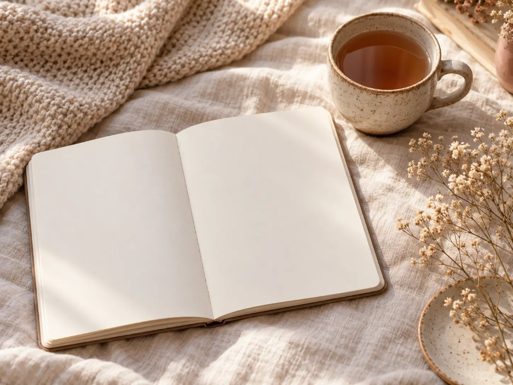 Offenes Notizbuch neben einer Tasse Tee und getrockneten Blumen