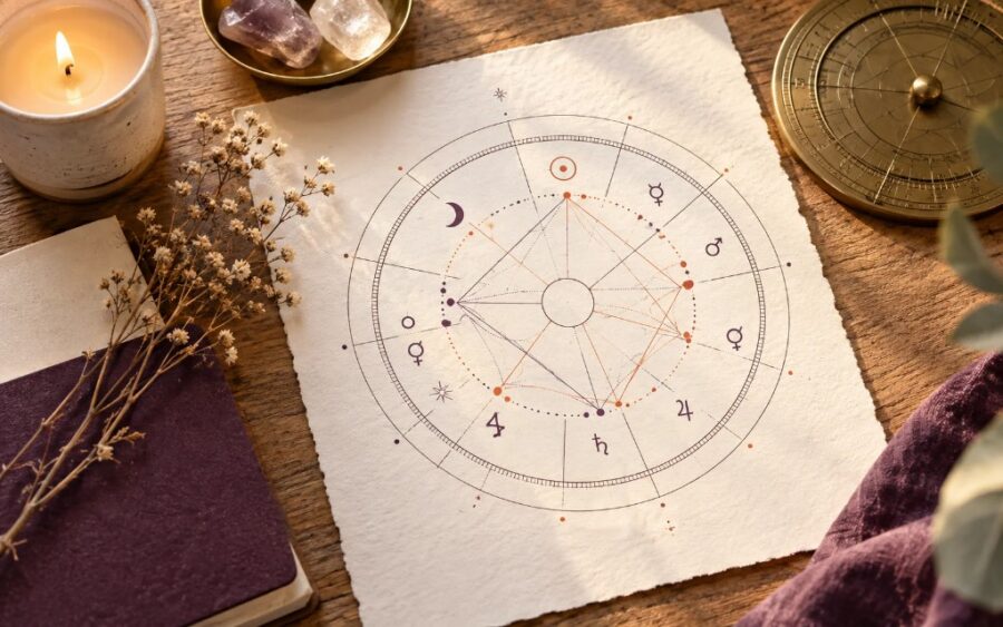 Feine astrologische Kreiszeichnung auf Papier, umgeben von Kerze und Kristallen