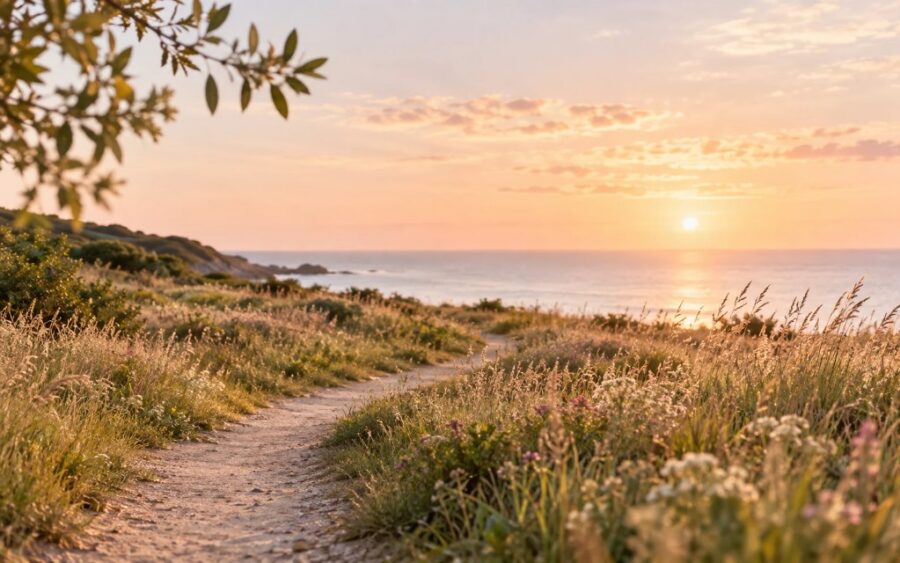 Ein sonnenbeschienener Weg durch Küstenwiesen zum Meer bei Abendlicht