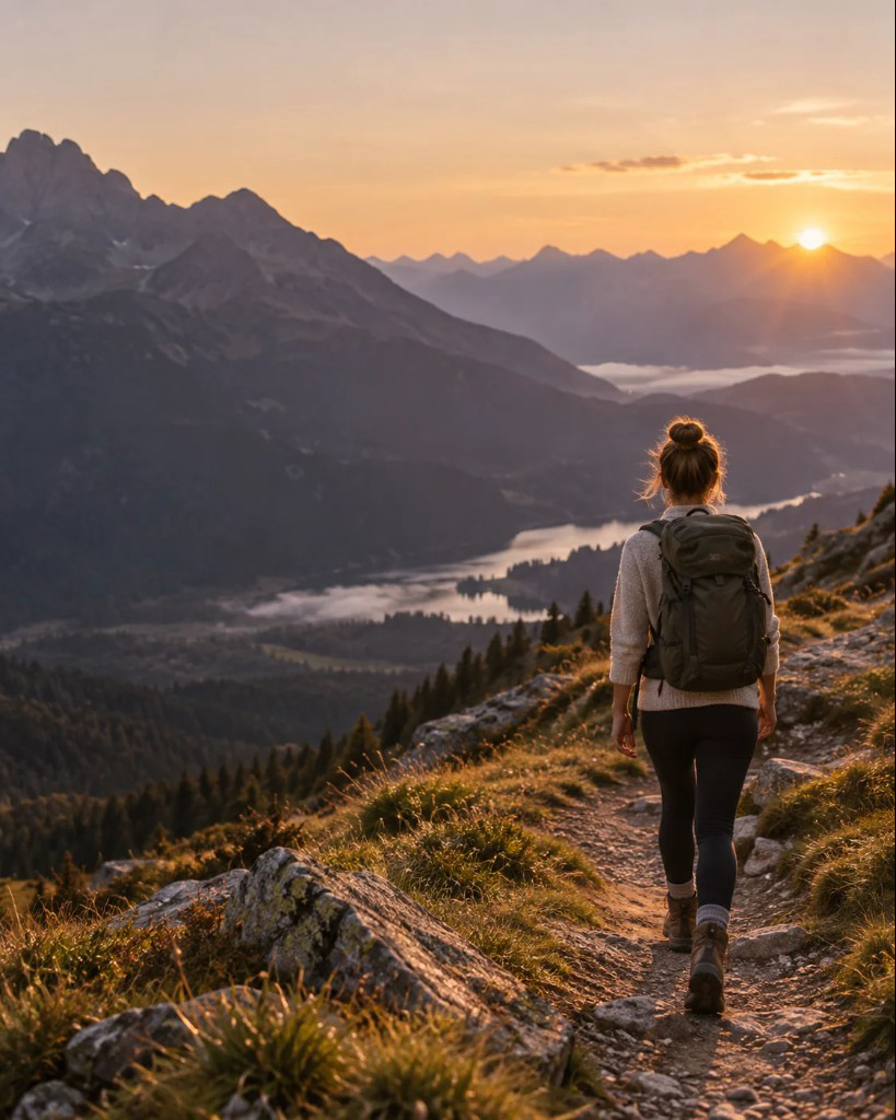 Frau auf einem Weg in den Bergen bei Sonnenaufgang