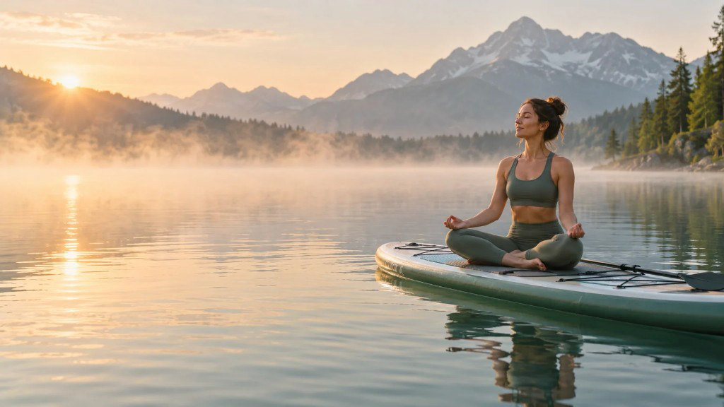SUP Yoga auf einem ruhigen Bergsee