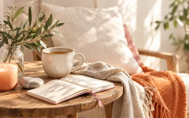 Eine Tasse Tee und ein aufgeschlagenes Notizbuch auf einem Holztisch im warmen Licht