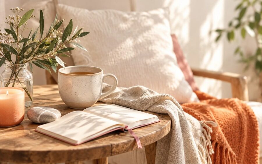 Eine Tasse Tee und ein aufgeschlagenes Notizbuch auf einem Holztisch im warmen Licht